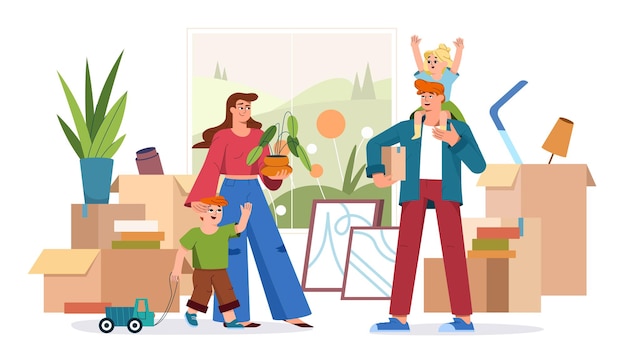 Vector flat happy family moving into new house. smiling parents with kids carrying cardboard boxes, household items and houseplant in apartment. joyful young couple with children hauling belongings.