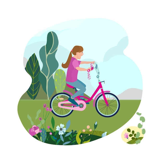 Flat happy girl kid on bicycle on a park road with flowers and leaves Child riding colorful bike outdoor sport in natural summer landscape by pathway track through green Vector illustration