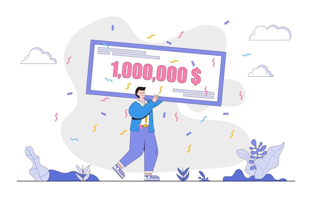 Flat happy guy winning money prize concept Outline design style minimal vector illustration for landing page web banner infographics hero images