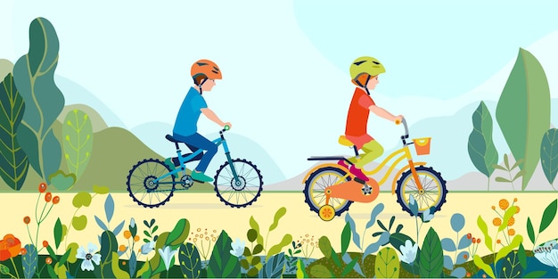 Flat happy kids on bicycles on a park road with flowers and leaves Children riding colorful bikes outdoor sport in natural summer landscape by pathway track through green Vector illustration