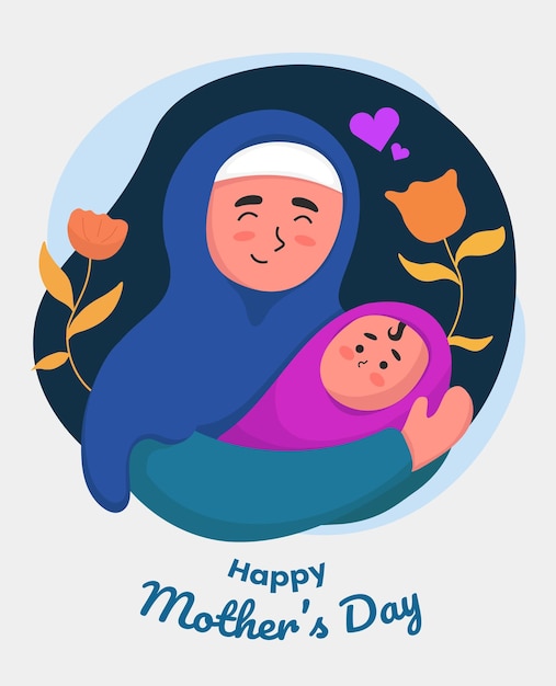 Flat happy muslim women holding cute baby on mother's day illustration