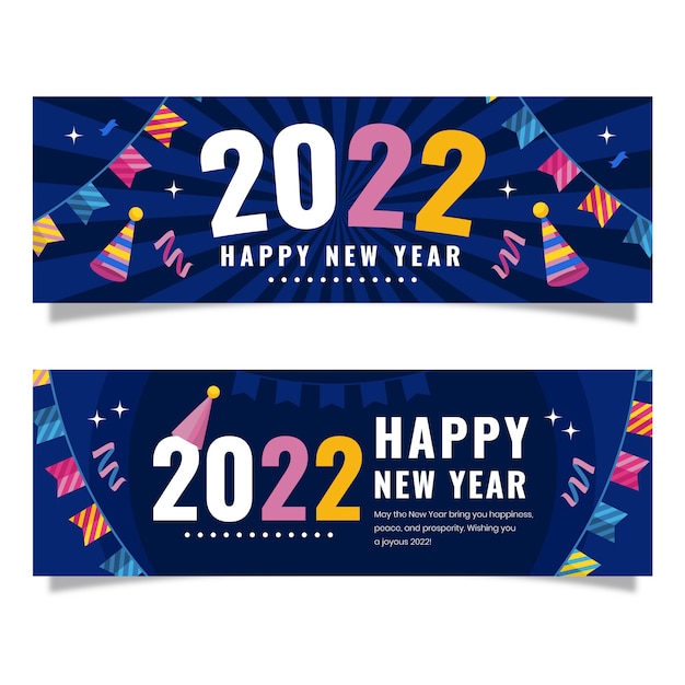 Flat happy new year 2022 horizontal banners set