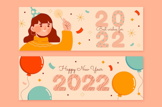 Flat happy new year 2022 horizontal banners set