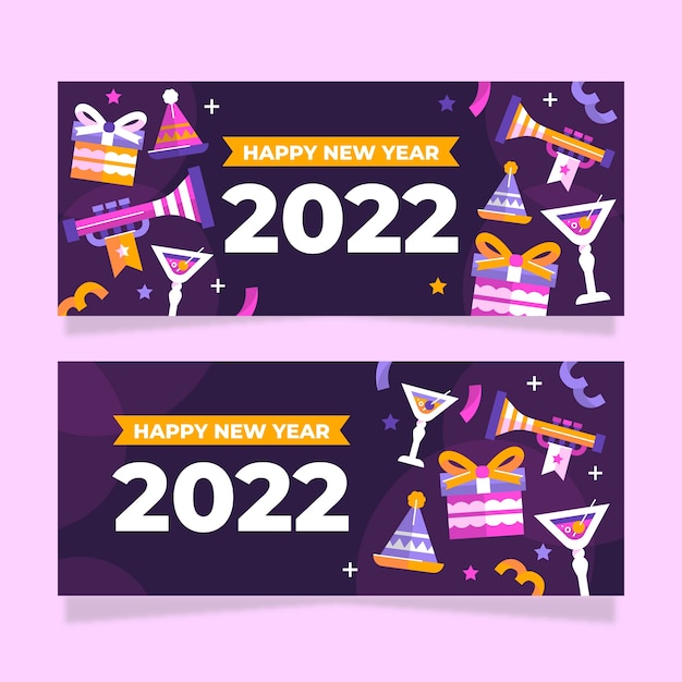 Flat happy new year 2022 horizontal banners set