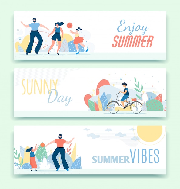 Flat Header Banner Set with Active Family Spending Time Outdoors