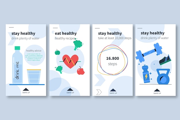 Flat health and fitness instagram stories collection