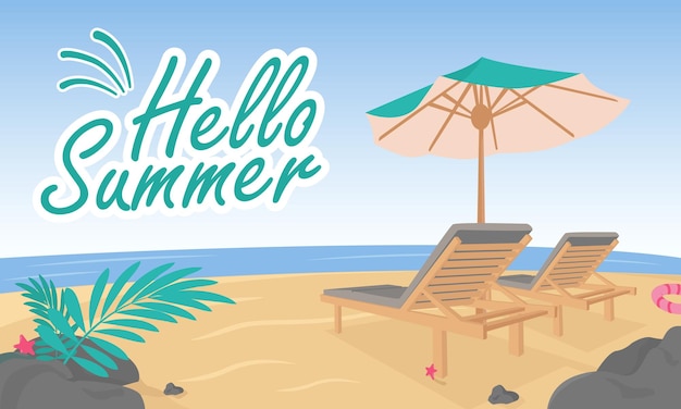 Flat hello summer background with beach view