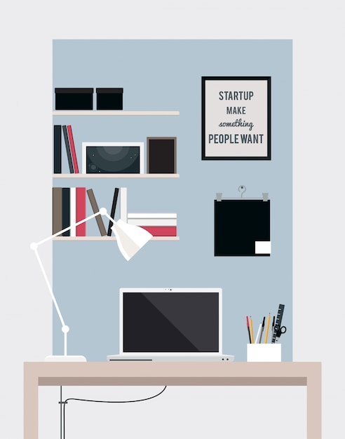 Flat home office interior illustration with desktop