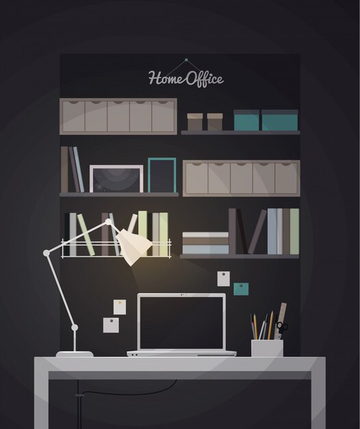 Vector flat home office interior illustration with desktop