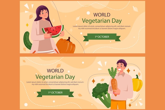 Flat horizontal banners set world vegetarian day vector