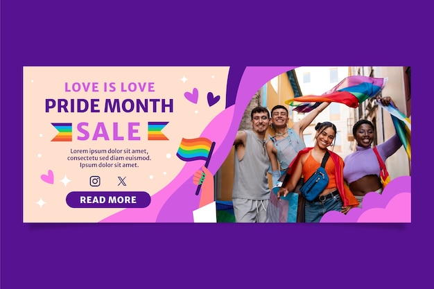 Flat horizontal sale banner template for pride month celebrations