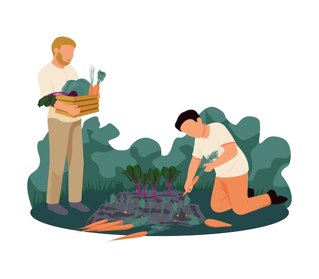 Flat human characters gathering harvest on farm  illustration