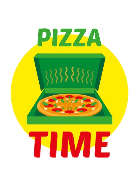 Flat icon logo with green open box with hot and appetizing big pizza. Pizza Time inscription.  modern style illustration cartoon design isolated white background food pizza delivery concept