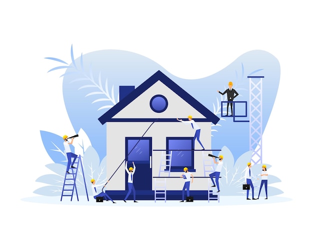 Vector flat icon with house construction people for site design vector line illustration