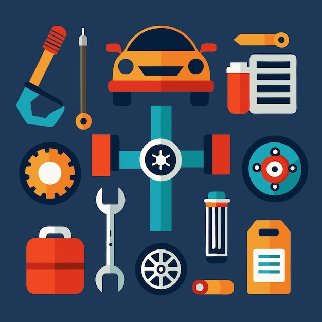 Vector flat icons of car repair set of flat icons on a dark background