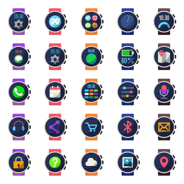 Vector flat icons for digital smart watch technology