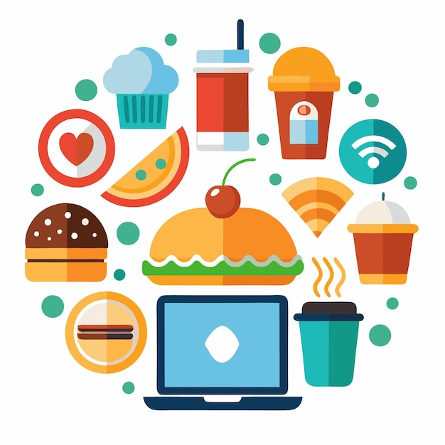 Flat icons of food drinks and technology in a circle