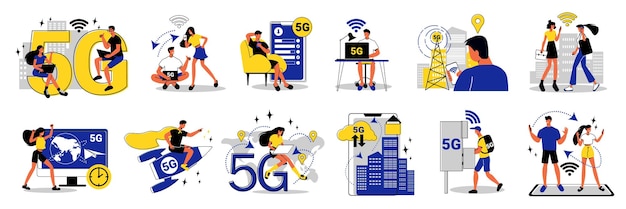 Flat icons set with people using 5g internet at home work and outdoors isolated vector illustration