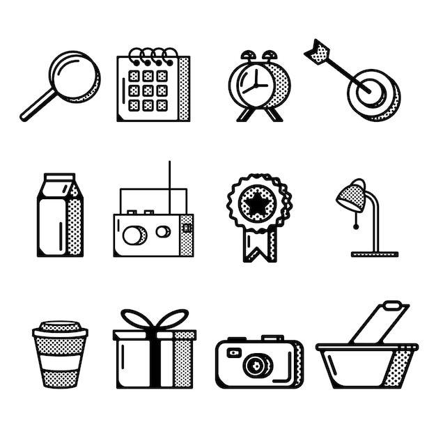 Flat icons with a black outline. A set of icons with household items