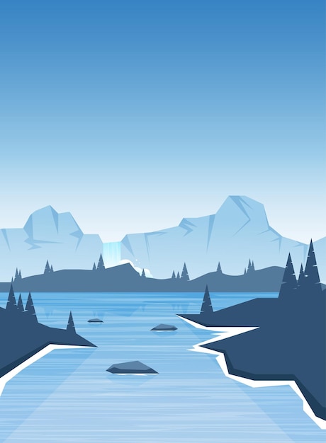 Flat icy cold lake with mountain and clear sky illustration