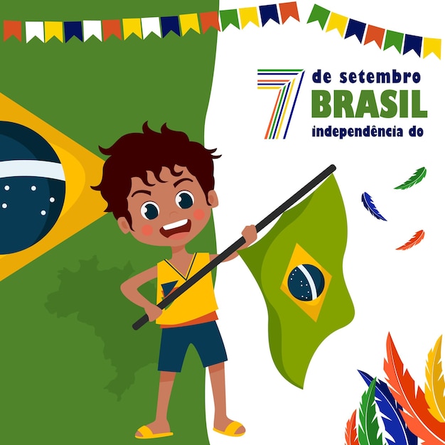 Flat illustration for 7 de setembro celebration with cute boy and brazil flag