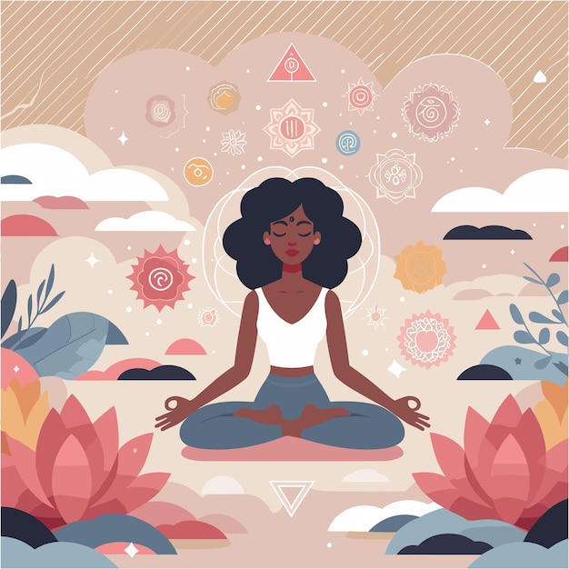 A flat illustration of asian woman meditating and calmness expression in her face