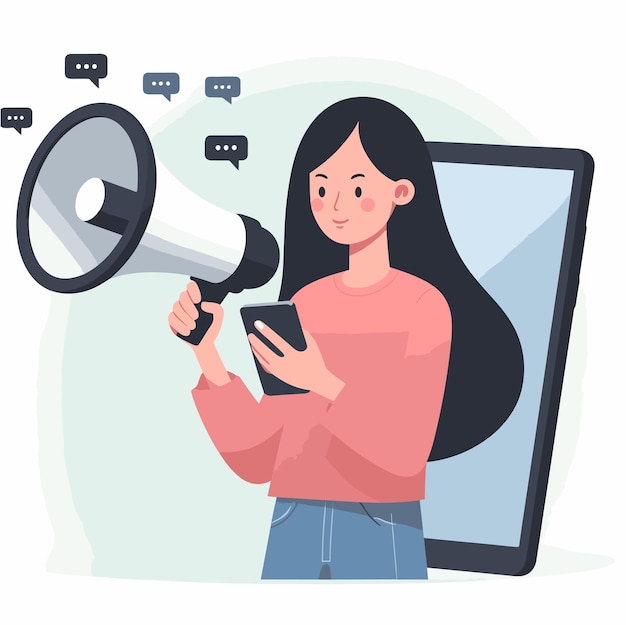 A flat illustration of an asian woman with a megaphone sending messages through a large smartphone