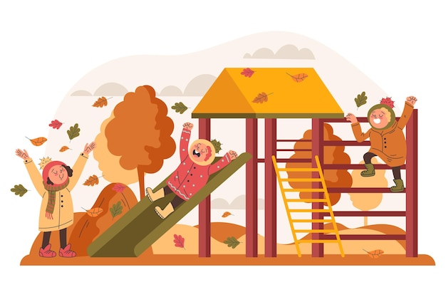 Flat illustration of autumn children playing outside