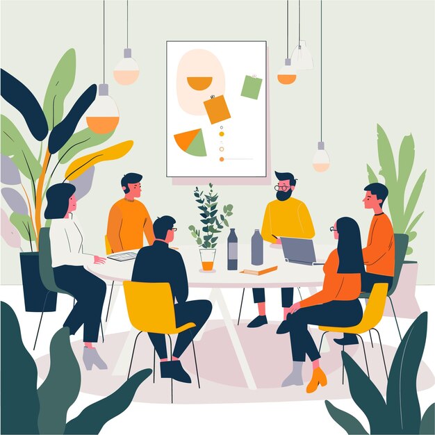 Vector flat illustration of business ideation meeting with light colors