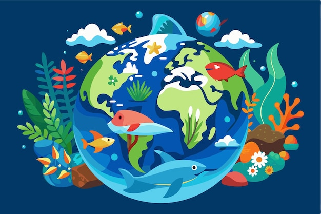 Flat illustration celebrating World Ocean Day with a globe surrounded by fish aquatic plants and clouds World oceans day Customizable Flat Illustration