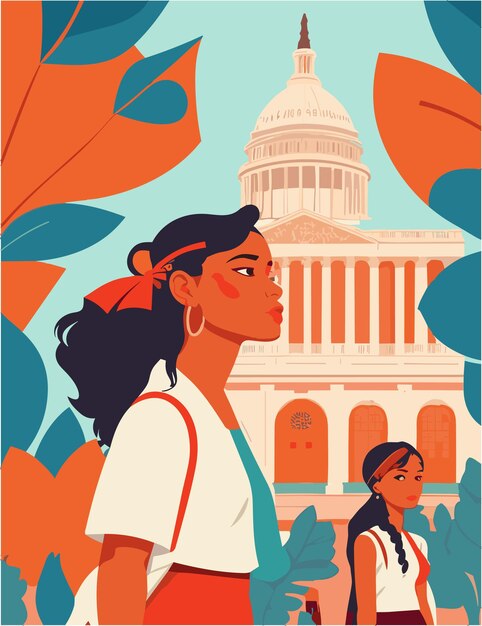 A flat illustration of communities people with Hispanic Heritage Month vibes in front of capital