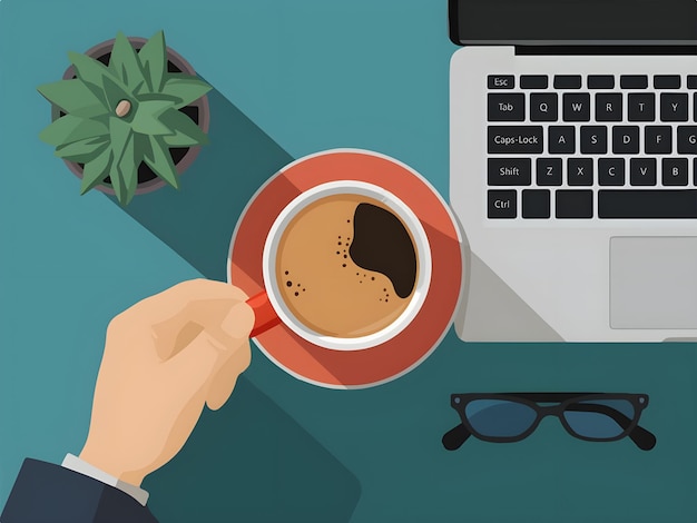 A flat illustration of a cup of coffee in a computer table