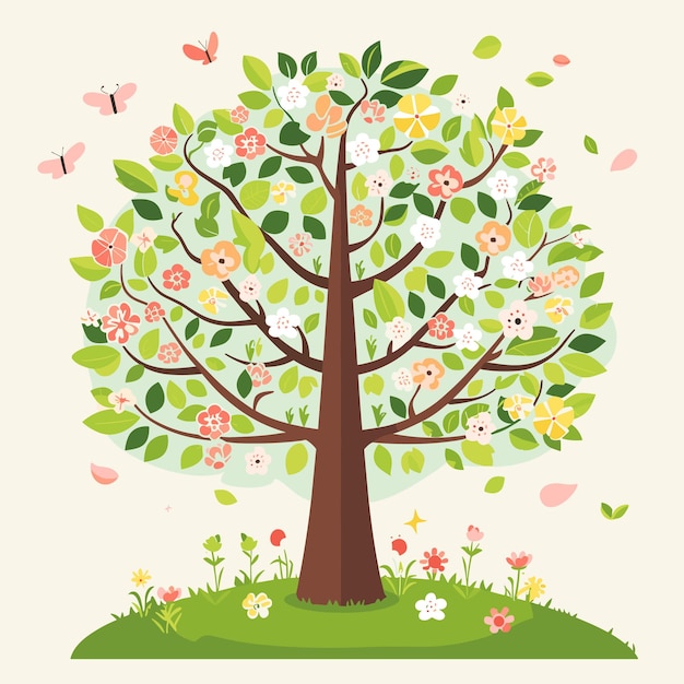 Flat illustration of a cute pink spring tree with flowers on a sunny day High quality