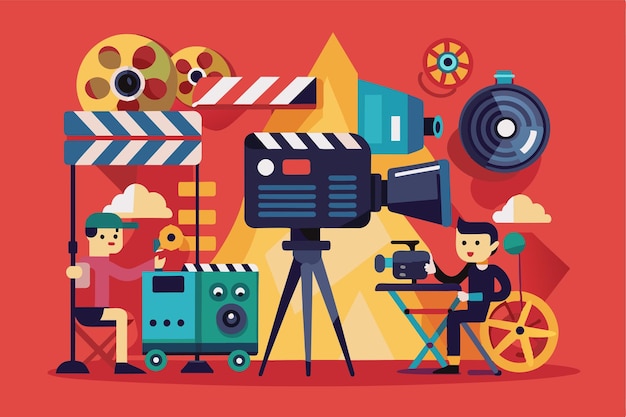 Vector flat illustration depicting two film crew members recording a movie scene with cameras recording a movie customizable flat illustration