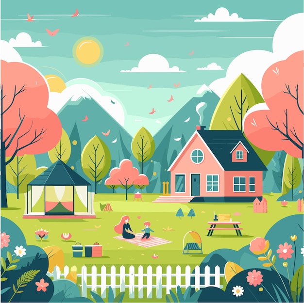 a flat illustration design of daily activity in spring season in the world