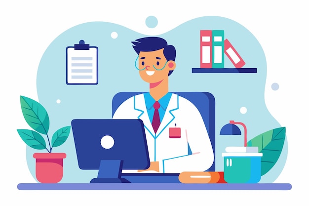 Vector flat illustration of a doctor working on his computer