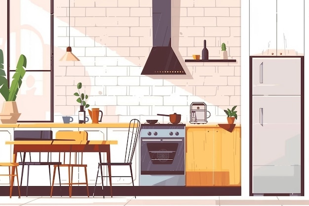 Flat Illustration Of An Empty Kitchen Scene