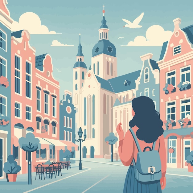 a flat illustration of european woman visiting old town