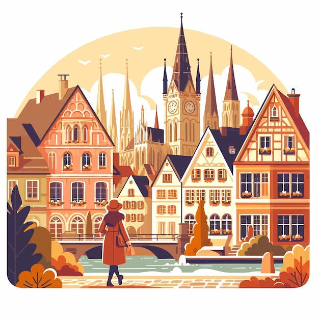 a flat illustration of european woman visiting old town