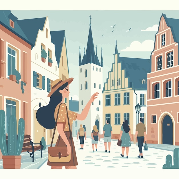 a flat illustration of european woman visiting old town