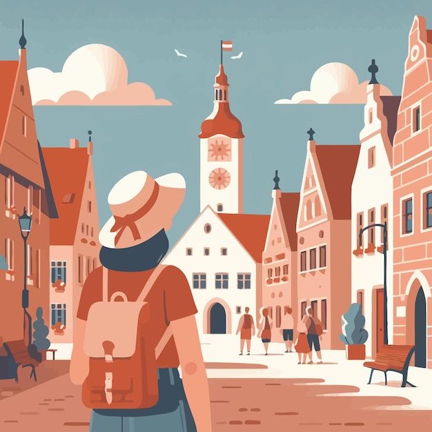 a flat illustration of european woman visiting old town