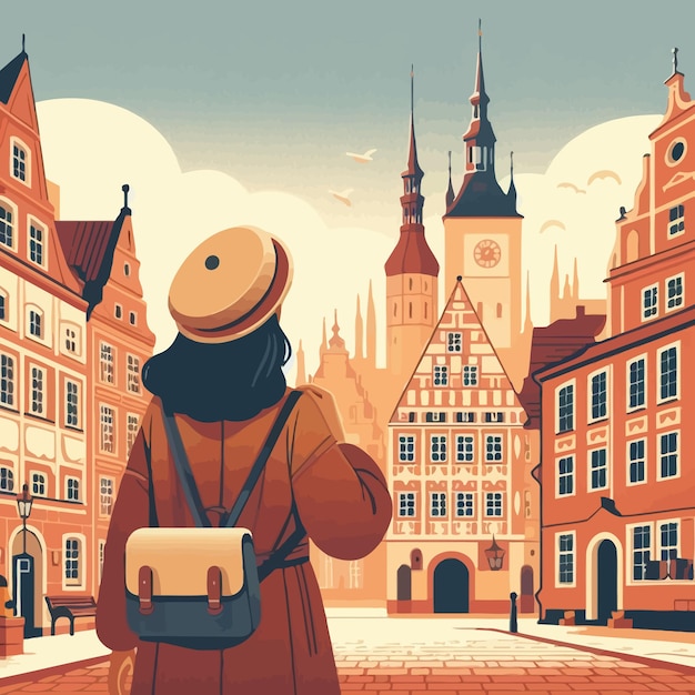 a flat illustration of european woman visiting old town