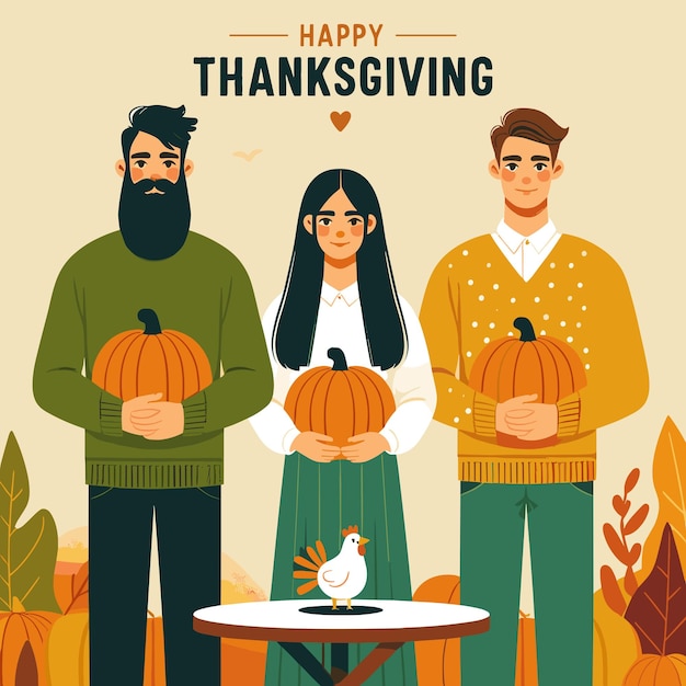 Vector flat illustration of family celebrating thanksgiving day