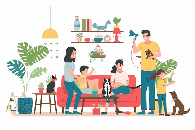 Vector flat illustration of a family playing