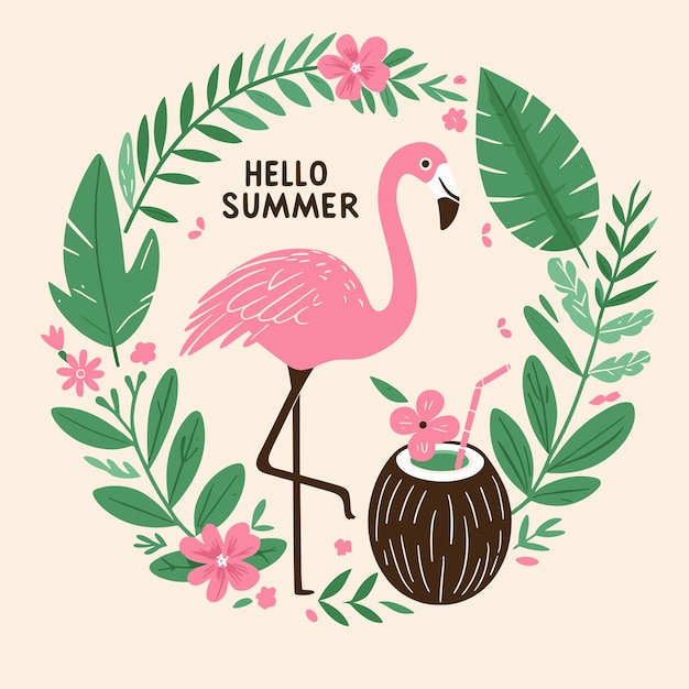 Vector flat illustration of flamingo and coconut water summer post