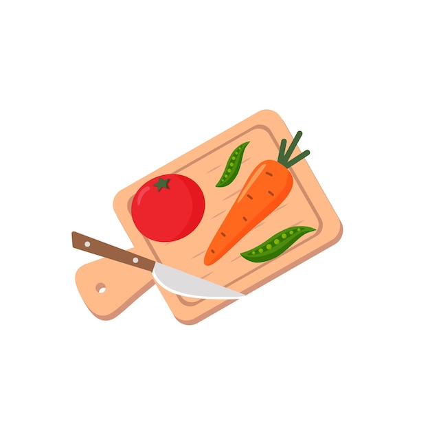 Flat illustration of fresh vegetables on a cutting boardVector tomato carrot green peas knife