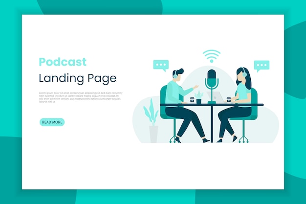 Flat  illustration of a girl and boy talking for a podcast broadcast landing page