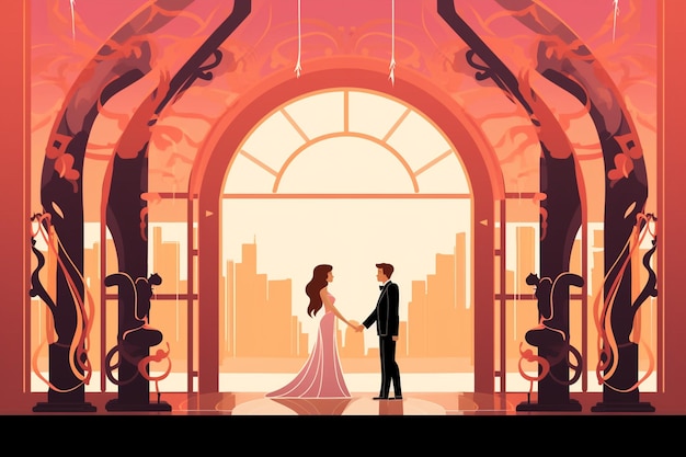 Vector flat illustration of groom and bride facing each other