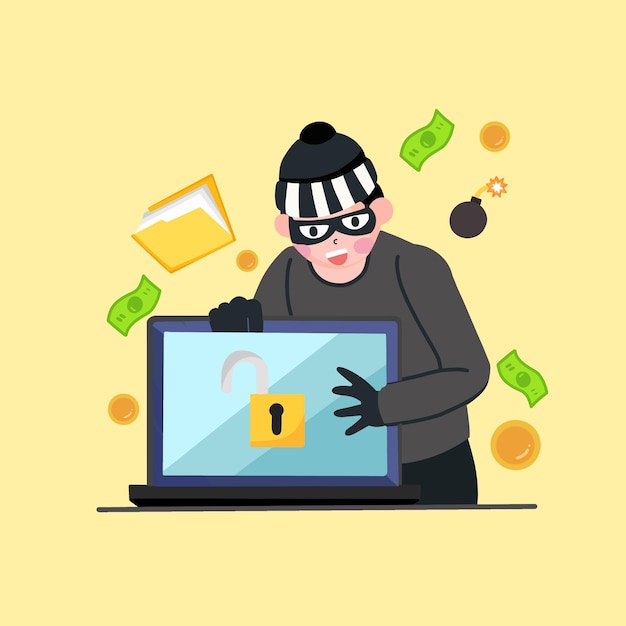 Flat illustration of hacker at laptop