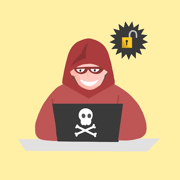 Flat illustration of hacker at laptop